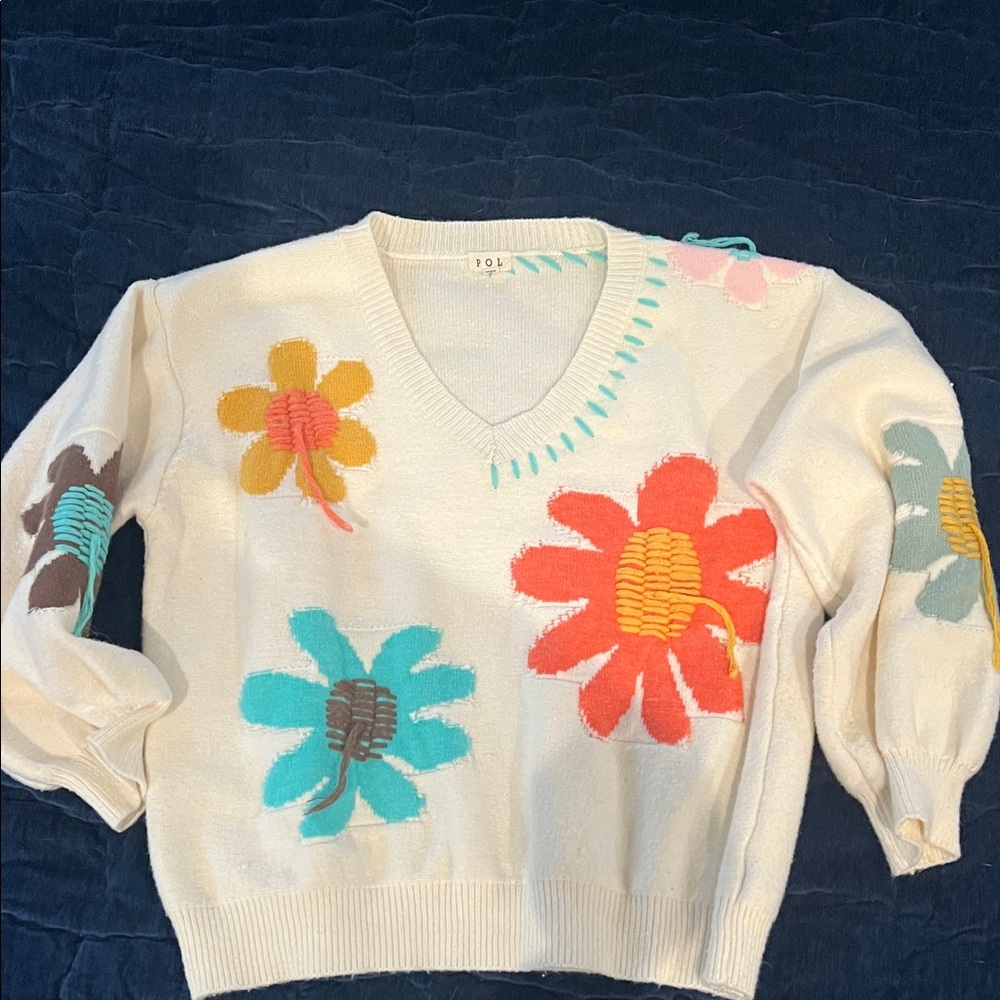 POL Women's V-Neck Sweater - Cream with Colorful Floral Design